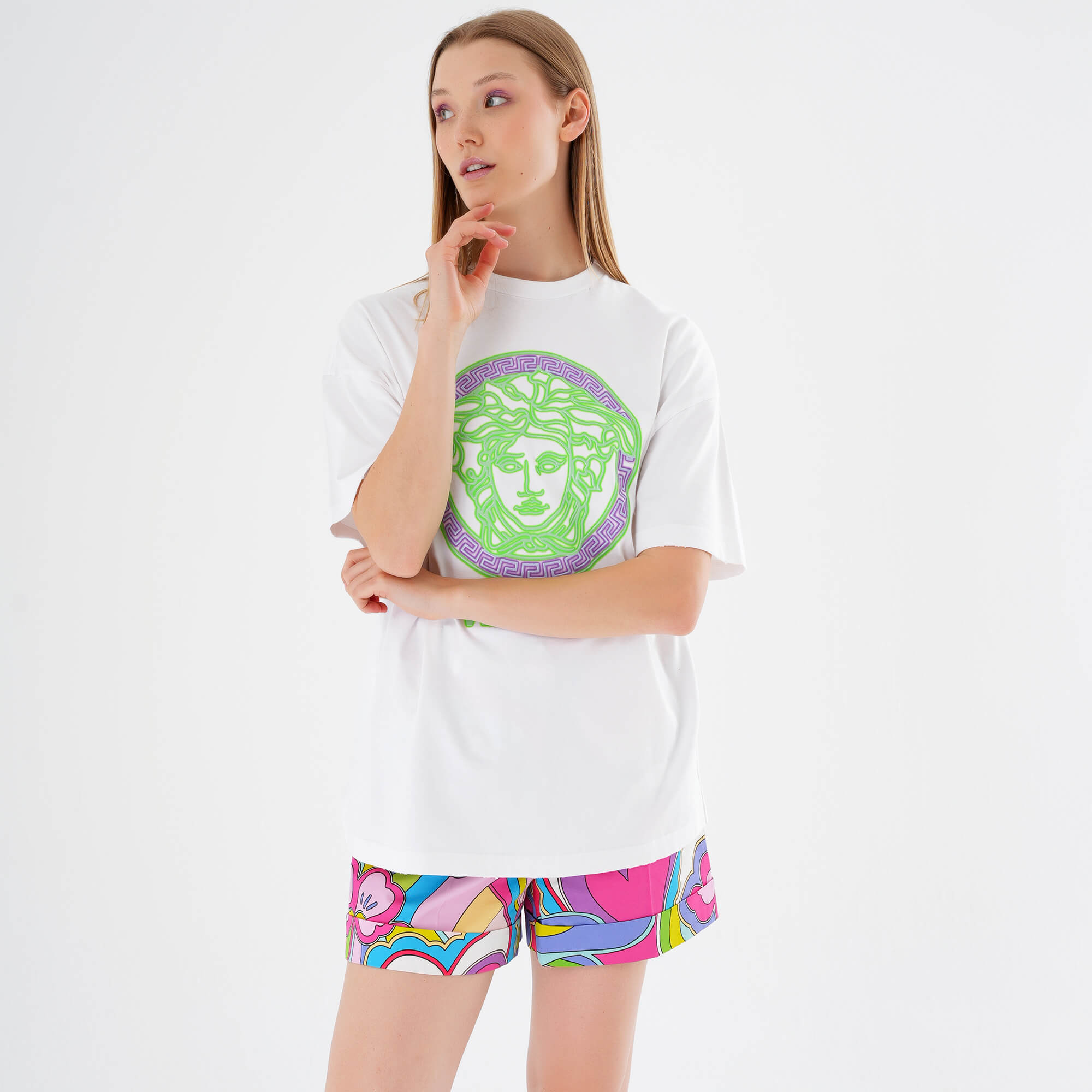 Versace - Oversized White & Green Medusa Head Printed Cotton Tshirt IT38